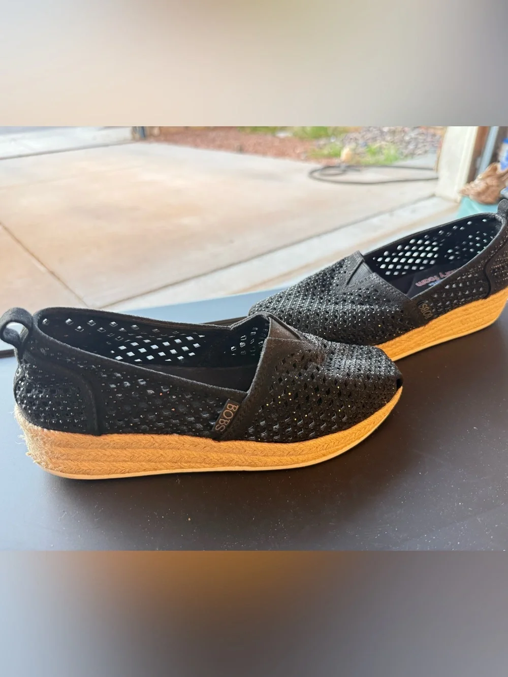 BOBS from Skechers Black Perforated Espadrille Wedges with Jute Platform